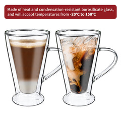 Vinsani Double Walled Coffee Drink Glasses Tea Cup Mug Heat Cold Resistant Aesthetic Clear Borosilicate Glass with Handle Cappuccino Latte Tea Dessert Hot and Cold Drinks