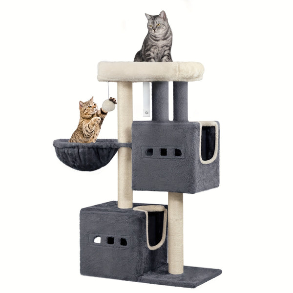 98 Cm Scratching Post, Cat Tree, Small Scratching Post, Multi-Storey Scratching Post with Perch, Cat House Furniture with 2 Caves, Sisal Cat Scratching Post, Hammock, Cave