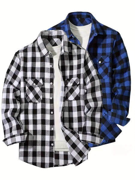 3 Men'S Plaid Shirt Top Lapel Long Sleeve Closure Men'S Casual Shirt Suitable for Men'S Daily Holiday Street Wear Casual Plaid Shirt Four Seasons Fashion Comfortable Fit Red, Blue And Black 3-Color Combination Pc Button Collar Chest Pocket