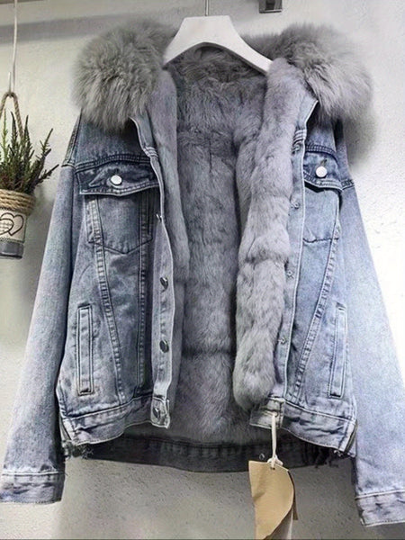 2025 Autumn Winter Women's Denim Jacket - Knee-Length Design, Puffy Collar, Loose Fit, Thick & Warm, Windproof | Sizes S to XL Available