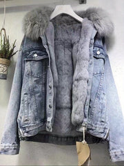 2025 Autumn Winter Women's Denim Jacket - Knee-Length Design, Puffy Collar, Loose Fit, Thick & Warm, Windproof | Sizes S to XL Available
