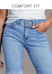 Women'S 2026 Summer New Stretchy High-Waisted Tummy Control Denim Shorts, Light Blue Washed with Pockets Slim-Fit Cuffed Casual Shorts, Comfortable Spring/Summer Ladies' Jeans Pants for Travel And Work - Boyfriend-Style Shorts