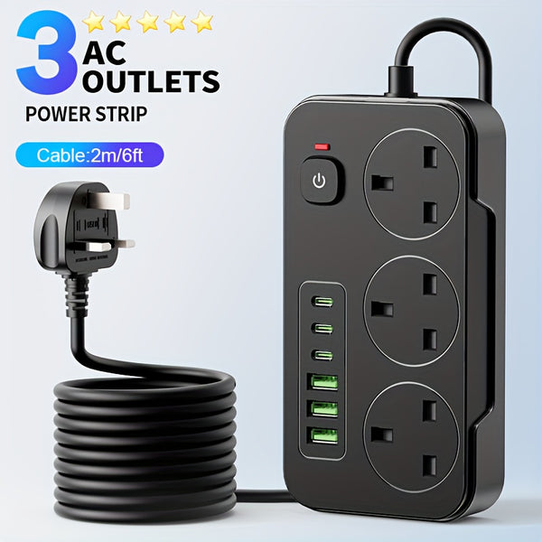 9-in-1 Power Strip Surge Protector, Power Socket/ Power Board/ Extension Cord, 3250W, 13A, Portable Power Socket, Overload Protection, 3 AC Power Sockets, 6 USB Ports, Suitable for Home, Kitchen, Office Or Hotel Use