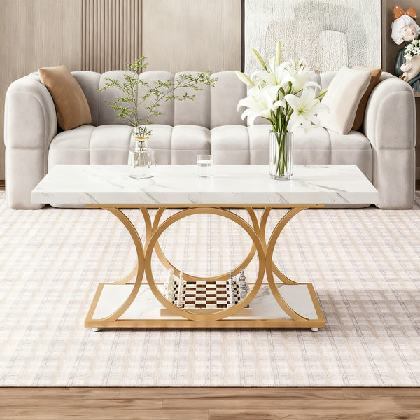 Contemporary 46.45-Inch Rectangular Coffee Table Featuring a Dual-Tier Storage Shelf, Faux Marble Wood Surface, And Elegant Geometric Golden Legs, Ideal for a Living Room