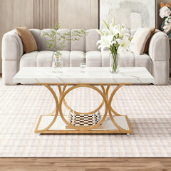 Contemporary 46.45-Inch Rectangular Coffee Table Featuring a Dual-Tier Storage Shelf, Faux Marble Wood Surface, And Elegant Geometric Golden Legs, Ideal for a Living Room