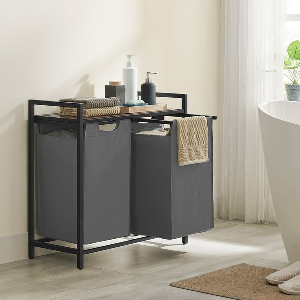 Dirty Laundry Basket, 2 Compartments, Bin, with 2 Removable Oxford Cloth Bags, Metal Frame, 2 X 46 Litres, 73 X 33 X 72cm, Laundry Baskets