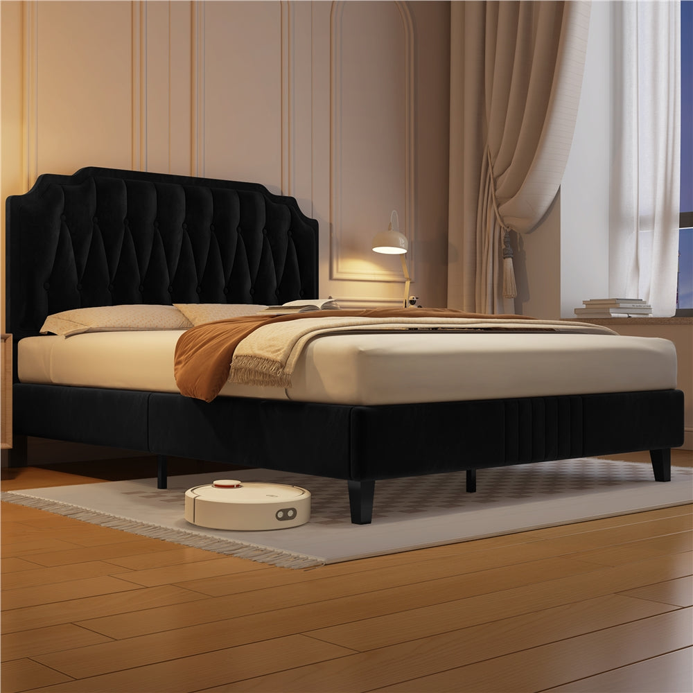Costoffs Double/King Bed Frame Upholstered Platform Bed with Adjustable Button Tufted Headboard/Velvet Fabric/Mattress Foundation/Sturdy Wooden Slat Support, No Box Spring Needed, Black/Beige/Dark Grey/Light Grey