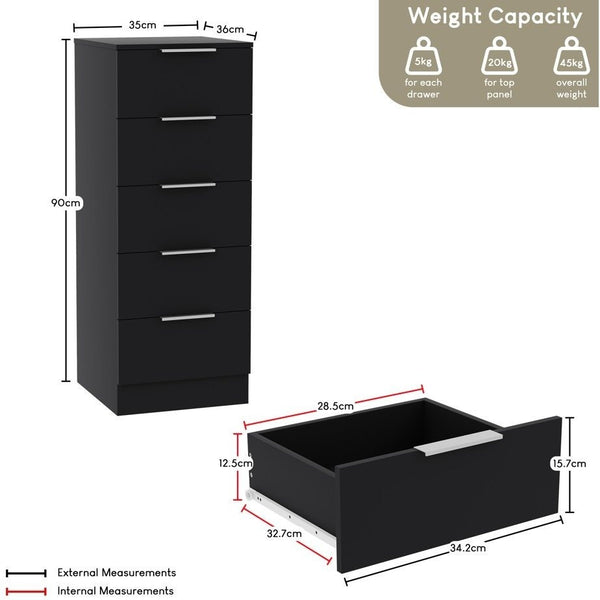 Modern 5 Drawer Narrow Chest of Drawers Dresser Space Saving Storage Organizer Bedroom Furniture