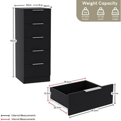 Modern 5 Drawer Narrow Chest of Drawers Dresser Space Saving Storage Organizer Bedroom Furniture