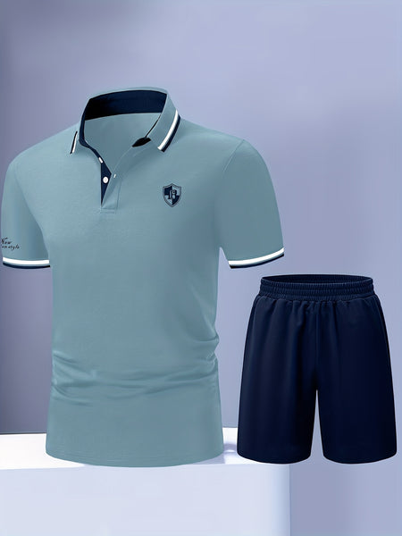 Men'S Polo Shirt Fashion Casual Set Pique Mesh Letter Pattern Top And Bottom