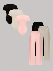 New Spring And Summer Collection of 6pcs Set for Women Featuring Casual, Elegant, And Business Styles. Includes Fitted Solid Color And Printed Short-Sleeve Bodysuits