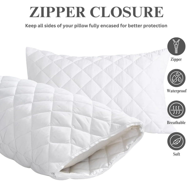 Waterproof Quilted Pillow Protectors 48x74cm – 100% Polyester, Extra Soft, Breathable, Zippered Pillow Covers, 2-Pack (White)