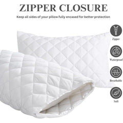 Waterproof Quilted Pillow Protectors 48x74cm – 100% Polyester, Extra Soft, Breathable, Zippered Pillow Covers, 2-Pack (White)
