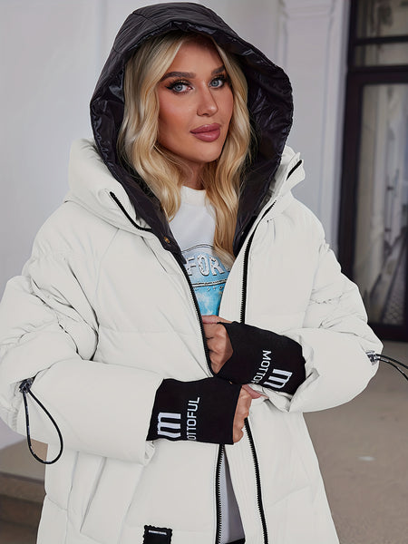 Women's Winter Casual Warm Padded Coat with Fashionable Double Hood and Windproof Cuffs