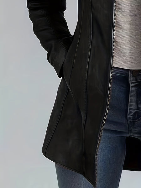 CHIDU Women's Jacket, PU Slim Vintage Motorcycle Women's Jacket, Windproof Women's Jacket, Suitable for Spring, Autumn And Winter Jacket, Fashion Commuting, Pockets, Zipper, Double-layer, Turtleneck, Global ALL, Mid-length Casual Women's Jacket