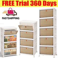 3 4 5 Tier Folding Storage Box, Plastic Collapsible Storage Box with Wheels, Stackable Storage Boxes with Lids and Front Opening Door Stackable Storage Boxes with Lids, 4 Wheels, Sturdy PP Matterial, Foldable Plastic Storage Unit for Toys/Office Supplies/