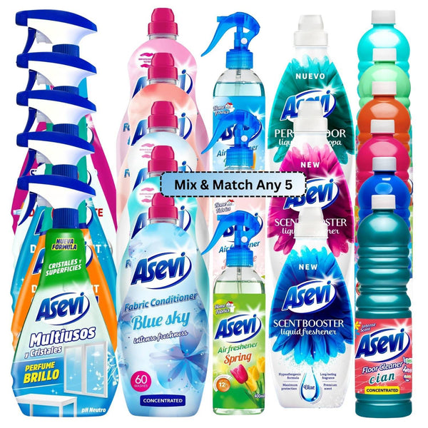 Asevi Mix & Match Any 5 Spanish Cleaning Products Bundle, Concentrated Floor Cleaner 1L, Air Freshener Spray 400ml, Fabric Softener 1380ml 60 Washes, Scent Booster 720ml, Multipurpose 750ml Trigger, Powerful Home Care Set for Fresh Laundry, Sparkling Floo