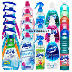 Asevi Mix & Match Any 5 Spanish Cleaning Products Bundle, Concentrated Floor Cleaner 1L, Air Freshener Spray 400ml, Fabric Softener 1380ml 60 Washes, Scent Booster 720ml, Multipurpose 750ml Trigger, Powerful Home Care Set for Fresh Laundry, Sparkling Floo