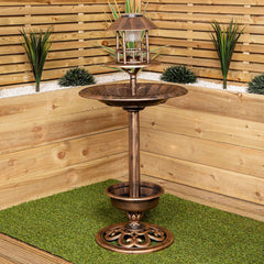 Taylor & Brown 3 In 1 Copper Effect Bird Bath & Table Bird Hotel Feeder with Solar Light and Planter Lightweight Fountain Decoration Garden Outdoor Birds Water, Bronze