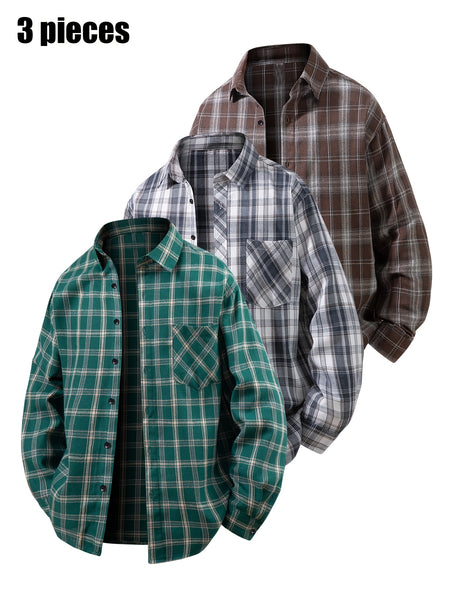 3pcs Set - Men'S Spring/Autumn Collared Checkered Shirt Youth Outdoor Casual Trendy Top Men'S Fashion Versatile Jacket