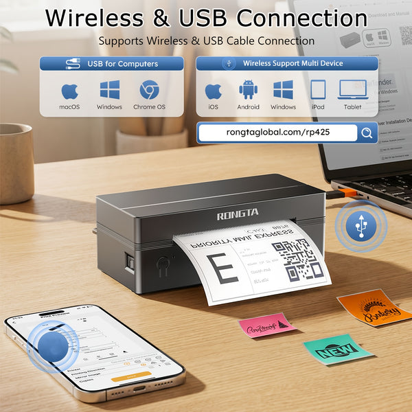 Rongta RP425 4x6 Thermal Shipping Label Printer, Wireless Desktop Printer For Mailing & Packages, Compatible With IPhone & Android & Window, Perfect For Small Business & Home Office, Rongta