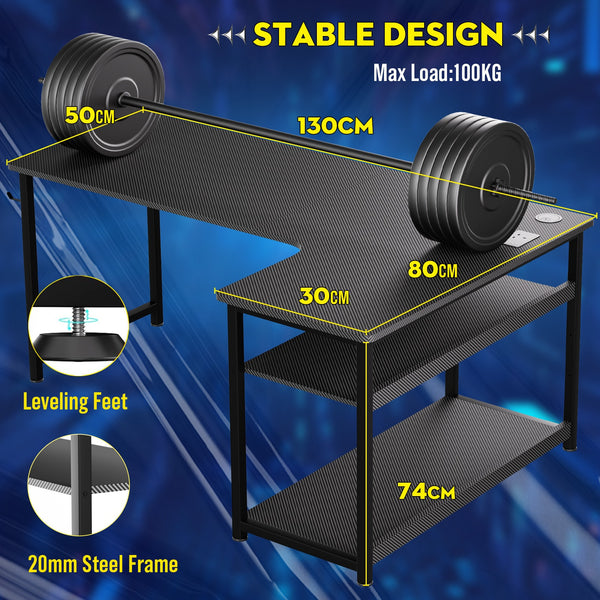 L Shaped Gaming Desk with Power Outlets Corner Computer Desk 110x80CM with Shelves Headphone Hook PC Table Workstation for Home Office Bedroom