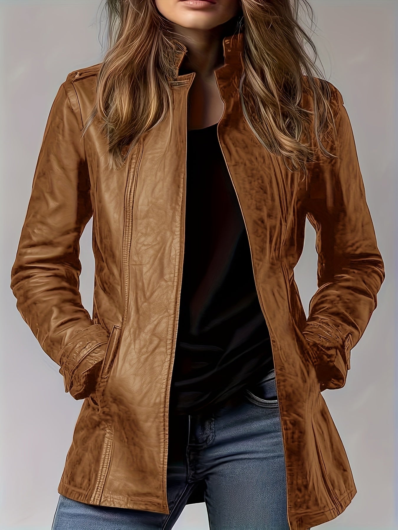 PU Spring, Summer, And Autumn Casual Pocket Slim Mid-Length Cardigan Jacket, Retro Long-Sleeved Motorcycle Jacket, Stand-Up Collar Style, Women'S Zippered Cardigan, Long-Sleeved Top, Ideal for Outings, Commuting, And Parties