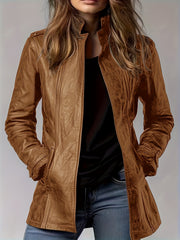 PU Spring, Summer, And Autumn Casual Pocket Slim Mid-Length Cardigan Jacket, Retro Long-Sleeved Motorcycle Jacket, Stand-Up Collar Style, Women'S Zippered Cardigan, Long-Sleeved Top, Ideal for Outings, Commuting, And Parties