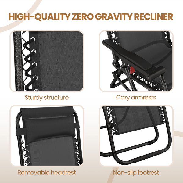 Costoffs 2PCS Zero Gravity Chair Foldable Patio Chair Outdoor, 65cm/72cm Lounge Camping Chair with Unfixed Padded Pillow/Armrest/Footrest, Black/Beige/Grey/Navy Blue for Outdoor Use Only
