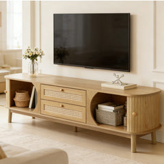 Natural Country Style TV Stand - Wood-Blend Cabinet With Doors Drawers, Rattan Sides, Practical Storage Solution For Living Room Home