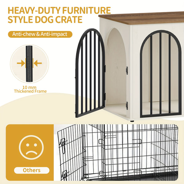 Dog Crate Furniture, 68cm Wooden Dog Crate, Indoor Kennel for Small Dogs, End Side Table Animal Crates, Anti-Chew, Anti-Escape, Arched Door Design, White Brown