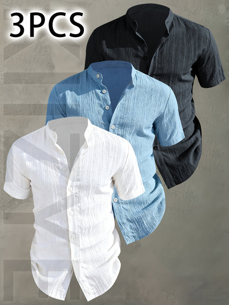 [Pearson OBM] 3pcs Men'S Summer Short Sleeve Shirt - Lightweight Breathable Solid Color Button-Up Casual Shirt with Stand Collar, Machine Washable for Beach Vacation, Pool Party And Casual Attire, Beach Shirt, Perfect for Gifting