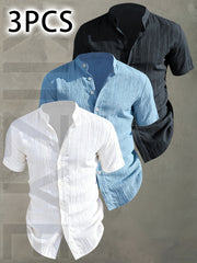 [Pearson OBM] 3pcs Men'S Summer Short Sleeve Shirt - Lightweight Breathable Solid Color Button-Up Casual Shirt with Stand Collar, Machine Washable for Beach Vacation, Pool Party And Casual Attire, Beach Shirt, Perfect for Gifting