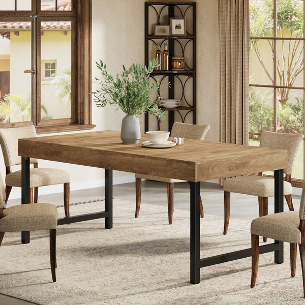Farmhouse Dining Table for 4-6 People | 139.7 cm Industrial Rectangular Kitchen Dinner Table with Heavy-Duty Metal Legs, Rustic Brown, Multifunctional, Includes 1 Leaf, Assembled, by TRIBESIGNS