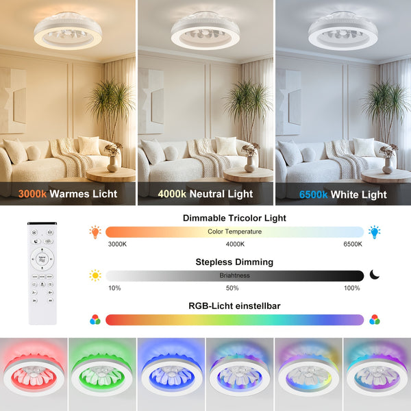 Brushless Remote Control Ceiling Fan with Light, 3000K-6500K Stepless Dimmable RGB Ambient Fan Light, 6-Speed Quiet Fan with Timer & Memory, Dimmable LED Modern Fan Lamp for Bedroom Living Room Dining Room