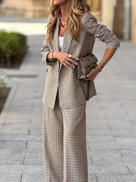 New Women'S Product: Lined Plaid Suit Jacket Top + Plaid Wide-Leg Pants Suit, Fashionable And Elegant for Commuting, Going Out, Professional Office, Street Style, Airport Daily Wear Suit Two-Piece Set, Suitable for Spring And Autumn Wear