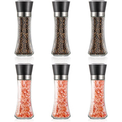 Premium 6 Pack Salt and Pepper Grinder Set Glass Body Condiment Mills with Adjustable Coarseness for Himalayan Pink Salt Peppercorns 200ml Capacity