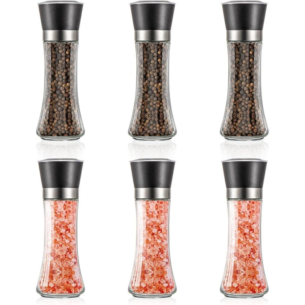 Premium 6 Pack Salt and Pepper Grinder Set Glass Body Condiment Mills with Adjustable Coarseness for Himalayan Pink Salt Peppercorns 200ml Capacity