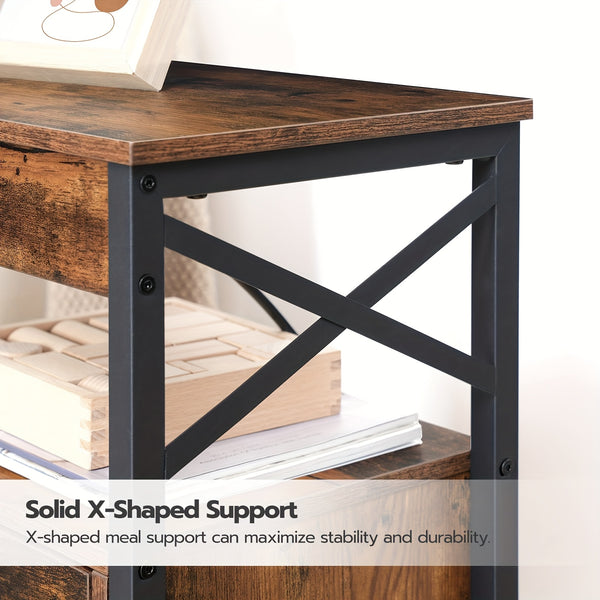 X-shaped Bedside Table with Charging Station | 2 USB Ports, 2 AC Outlets, 2 Drawers, Rustic Brown, 38 x 28 x 60 cm, HOOBRO