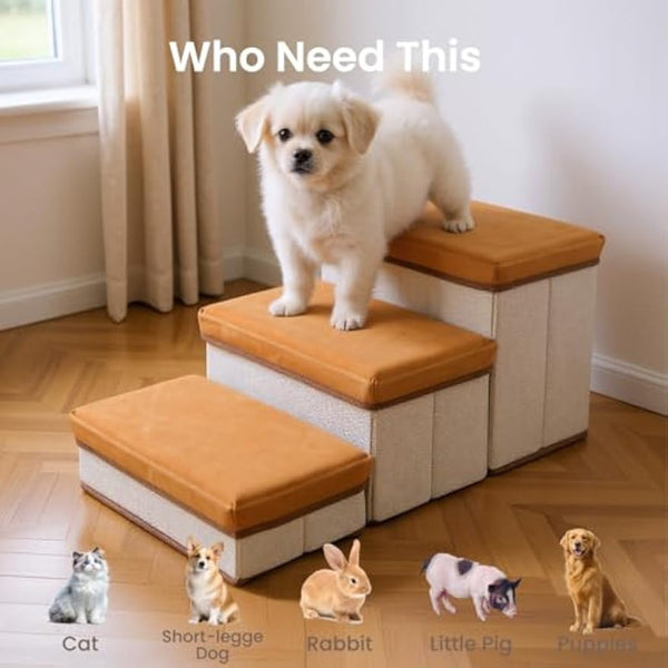 Foldable Dog Stairs, 3 Tier Pet Steps with Storage, Adjustable Dog Ramp for Bed and Sofa, Soft Flannel Pet Stairs for Small & Medium Dogs and Cats