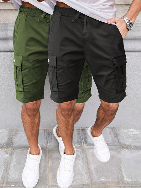 2pcs Men'S Cargo Shorts, Drawstring Waist Multi-Pocket Men'S Shorts