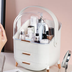 Jewelry Storage Box, White Makeup Organiser Storage Box with 2 Drawers, 25*18.5*37cm Cosmetic Organiser, Large Capacity Multi-Function Make Up Case with Clear Lid, Jewelry Display Case, Cosmetics Storage Box Suitable for Necklace, Bracelet, Watch, Earring