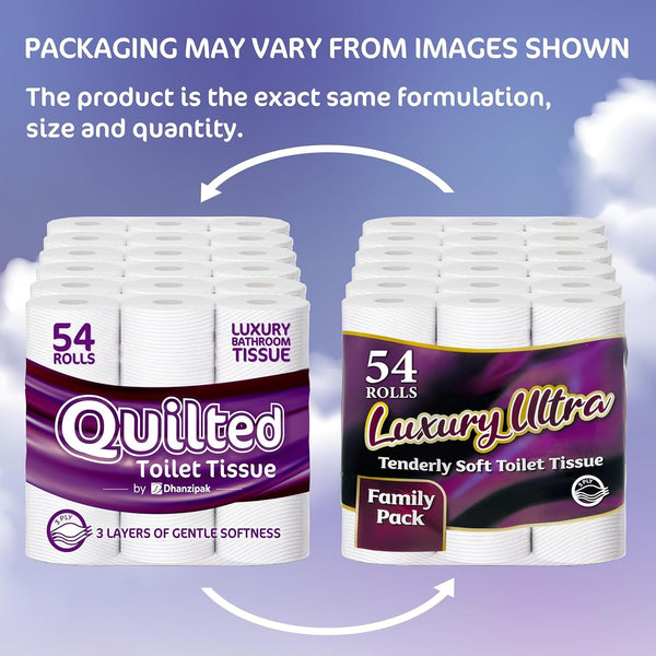54 Rolls of 3-Ply Premium Quilted Toilet Paper | Generous Length per Roll | Luxuriously Soft, Strong & Highly Absorbent Toilet Tissue