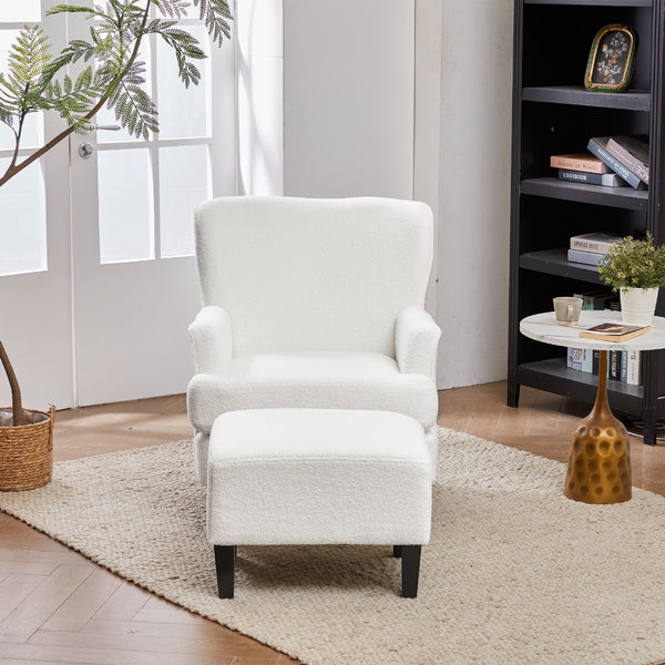 White Teddy Fabric Lounge Chair with Ottoman - 69x58x85.5cm Plush Armchair, Sponge Cushion & Plywood Frame, for Living Room/Bedroom (Black Wooden Legs)