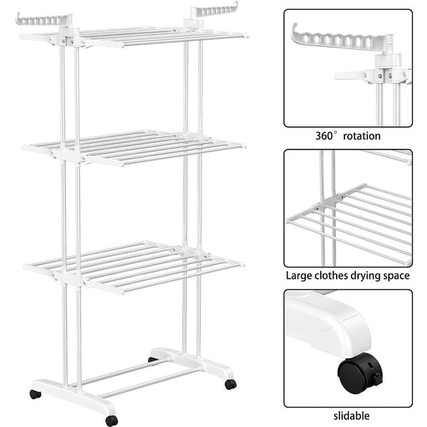 4 Tier Large Clothes Airer with Wings, Retractable Folding Drying Rack with Wheels for Indoor & Outdoor Use, 190 × 64 × 170 cm, Grey