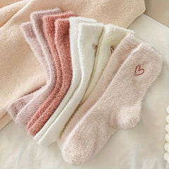 5 Pairs of Cozy Heart-Embroidered Socks - Soft, Fluffy, Mid-Calf Length, Perfect for Women, Autumn & Winter, Autumn Winter Socks | Heart Embroidery Socks | Texture Socks