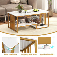 GOFLAME Faux Marble Coffee Table Rectangular 2-Tier Center Table w/ Shelf-White