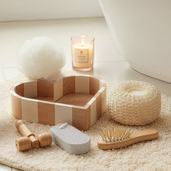 Boxed Heart-Shaped Bath Set - A wooden spa gift kit for bathrooms, featuring a heart-shaped wooden bucket. Includes a loofah, pumice stone, massager, and brush. This natural relaxation and body care kit is ideal for home use and bathroom decoration.