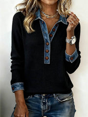 Women's Patchwork Denim Collar Button- Top - Button Front Placket, Color Patchwork Suitable for Fall/Winter, Casual Winter Wear, Daily Commuting & Retro-Chic Outfits - Machine Washable Button-Up Shirt
