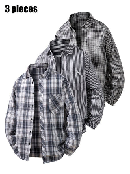 3pcs Set - Men'S Spring/Autumn Collared Checkered Shirt Youth Outdoor Casual Trendy Top Men'S Fashion Versatile Jacket
